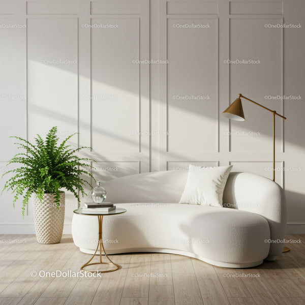 Modern Curved Sofa with Green Plant in Bright Living Room