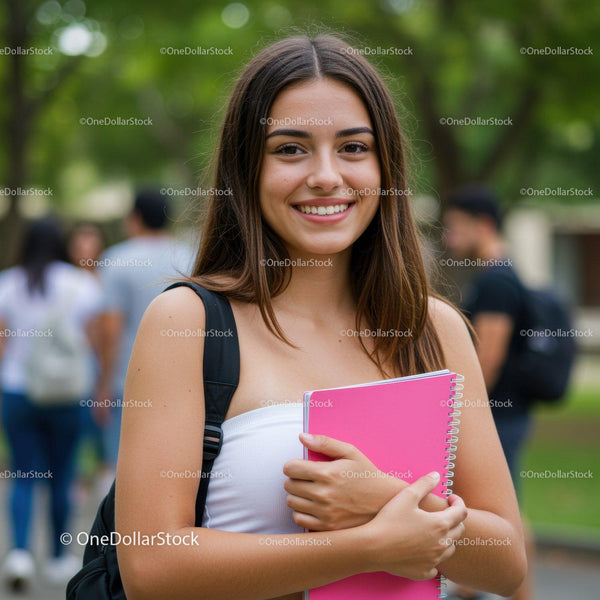 Young Woman Holding Pink Notebook Smiling Outdoors on Campus