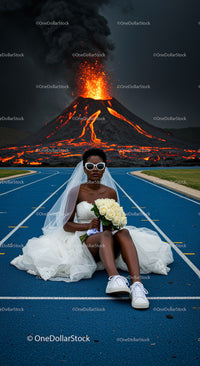 Bride in Wedding Dress Amidst Erupting Volcano