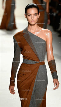 Confident Model Walking Runway in Stylish Two Tone Dress