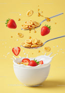 Fresh strawberries and cereal splashing into milk bowl