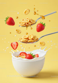 Fresh strawberries and cereal splashing into milk bowl