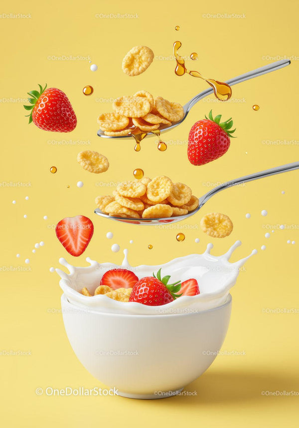 Fresh strawberries and cereal splashing into milk bowl