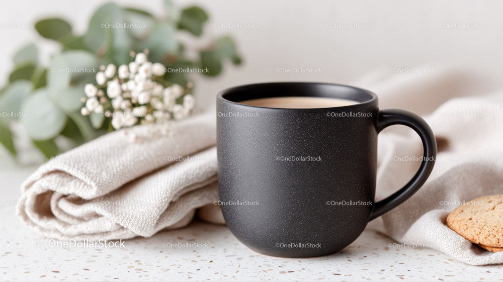 Black Ceramic Coffee Mug on Marble Counter with Flowers and Cookies