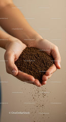 Hands gently holding and pouring granulated coffee