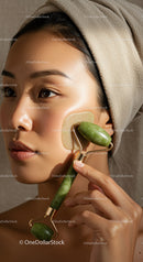 Close-Up of Asian Woman Using Jade Roller for Facial Massage