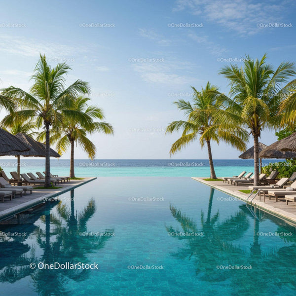 Luxury Beachfront Resort with Infinity Pool and Palm Trees Over Ocean