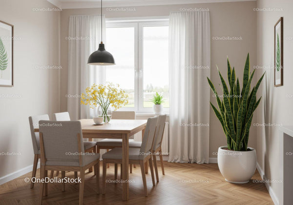 Contemporary Dining Room with Green Foliage and Natural Light