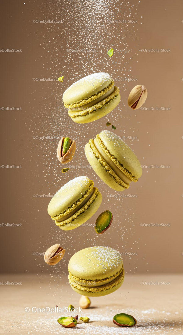 Pistachio Macarons with Powdered Sugar Falling
