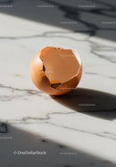 Broken brown eggshell casting shadow on marble countertop