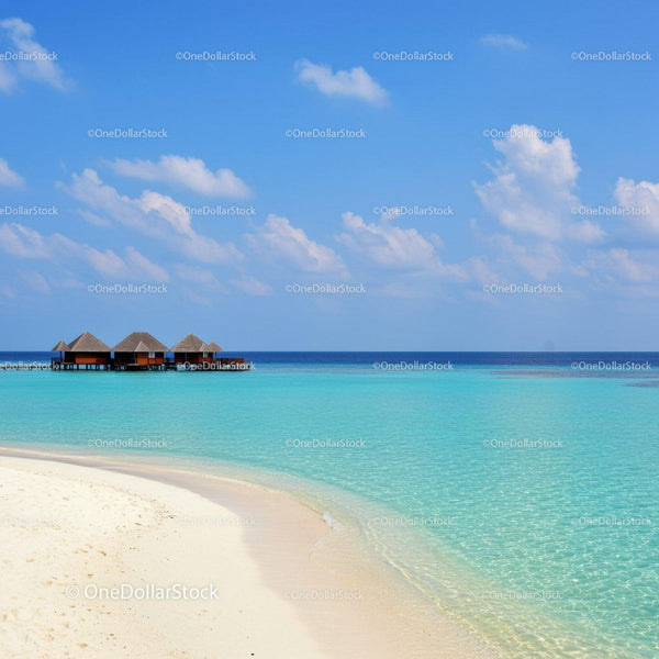 Overwater Bungalows on Turquoise Beach with Clear Blue Sky