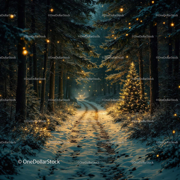 Snowy forest path illuminated by glowing fairy lights