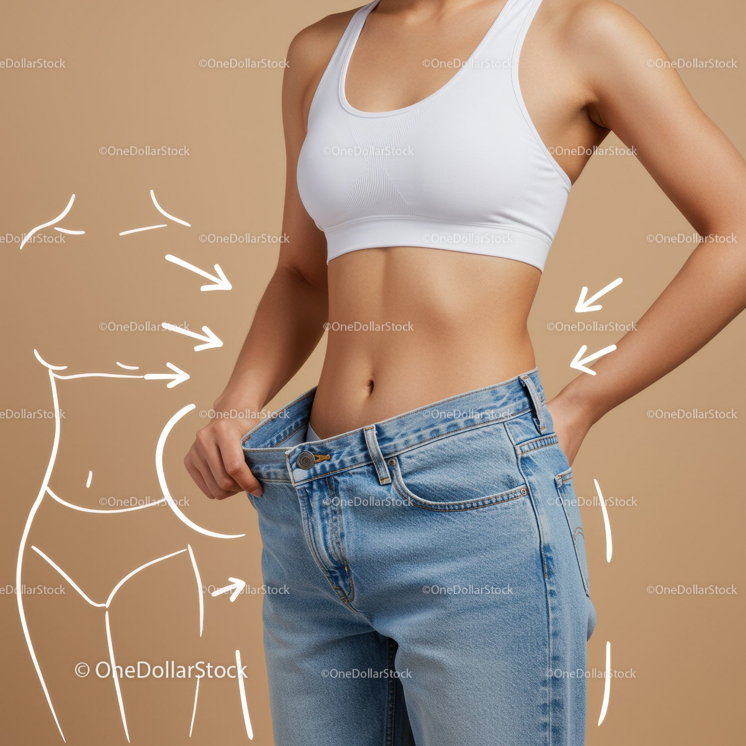 Slim Woman Measuring Waist with Jeans and White Sports Bra