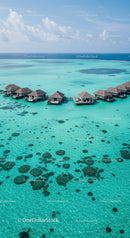 Overwater Bungalows and Turquoise Ocean Scene at Tropical Resort