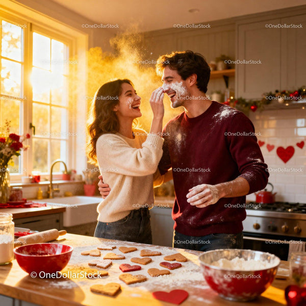 Couple Playfully Baking Heart Cookies in Warm Kitchen