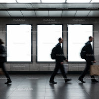 Blurred commuters walking past empty metro billboards