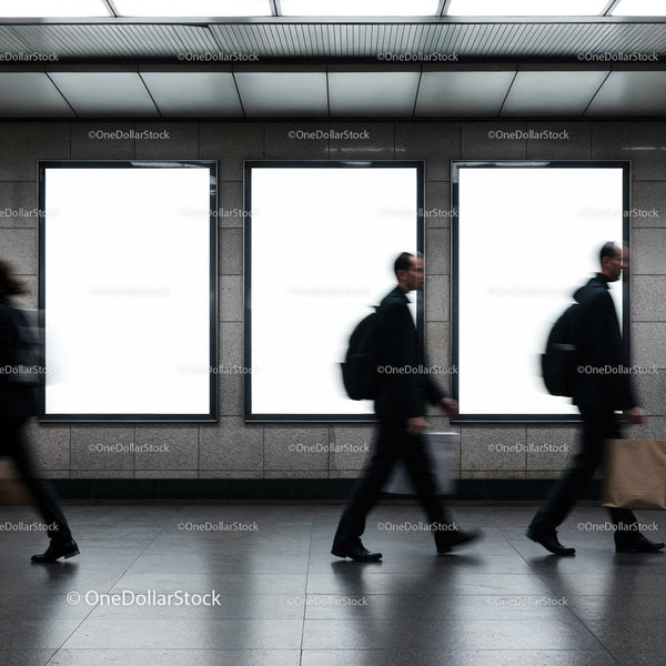 Blurred commuters walking past empty metro billboards JPG Mockup Image