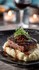 Gourmet Grilled Steak with Mashed Potatoes and Microgreens