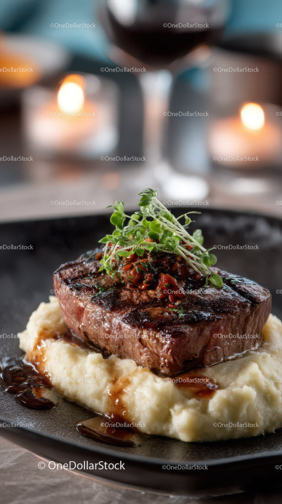 Gourmet Grilled Steak with Mashed Potatoes and Microgreens