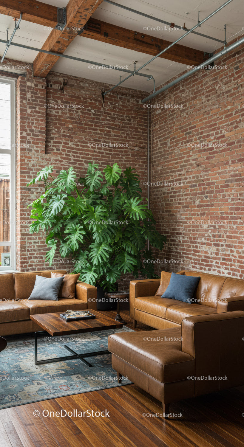 Nowoczesny loft miejski z odsłoniętymi ceglanymi ścianami i dużą zieloną monsterą