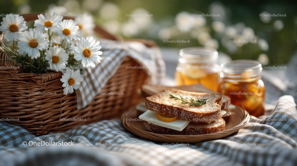 Picnic Basket with Daisies and Breakfast Sandwiches in Outdoor Setting