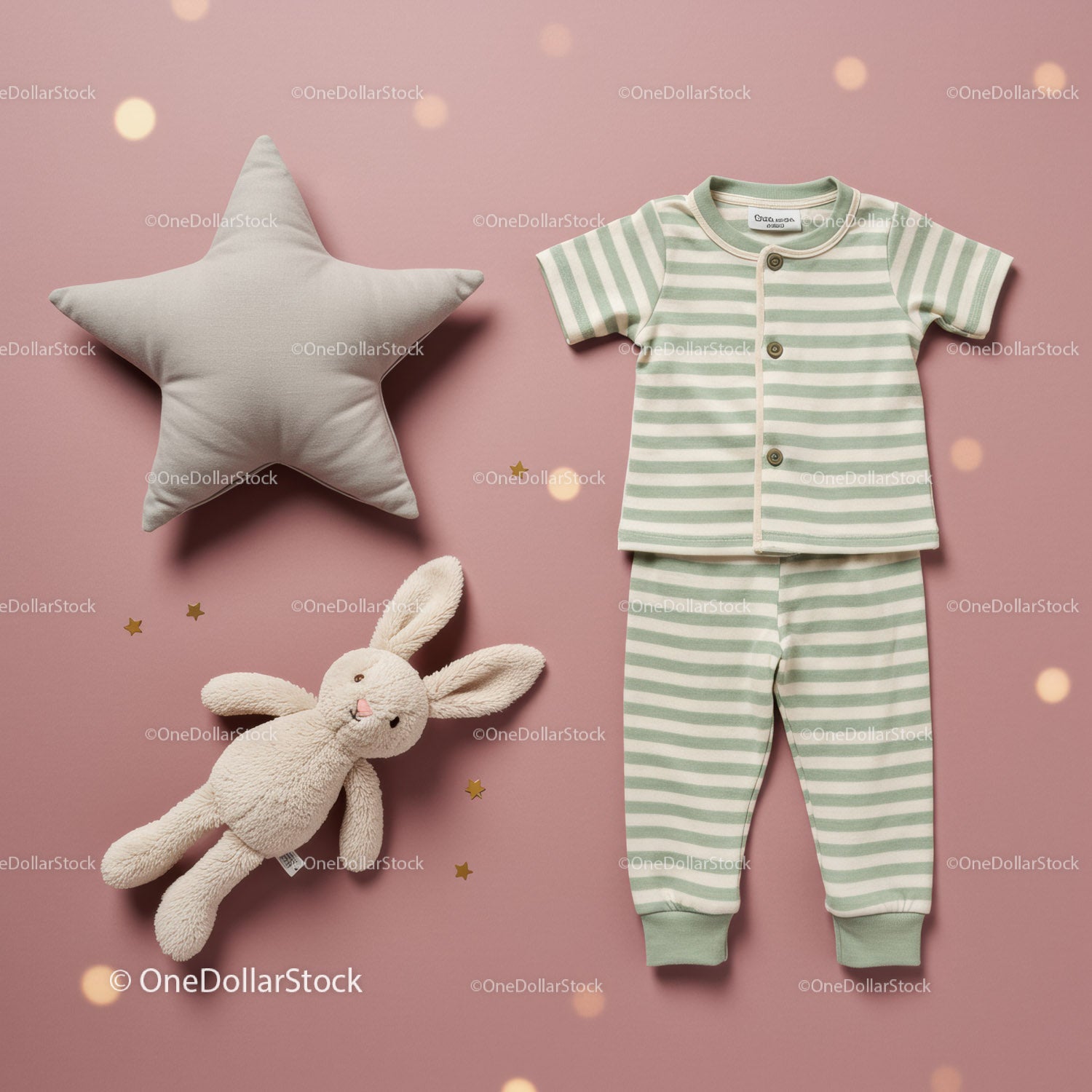 Soft baby pajamas and plush bunny on pastel background