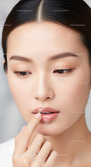 Elegant Asian Woman Applying Lip Balm in Close Up Portrait