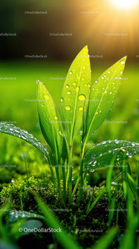 Fresh Green Seedling with Dew Drops in Natural Soil Landscape