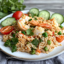 Shrimp Fried Rice with Fresh Vegetables and Cilantro Garnish