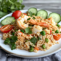 Shrimp Fried Rice with Fresh Vegetables and Cilantro Garnish