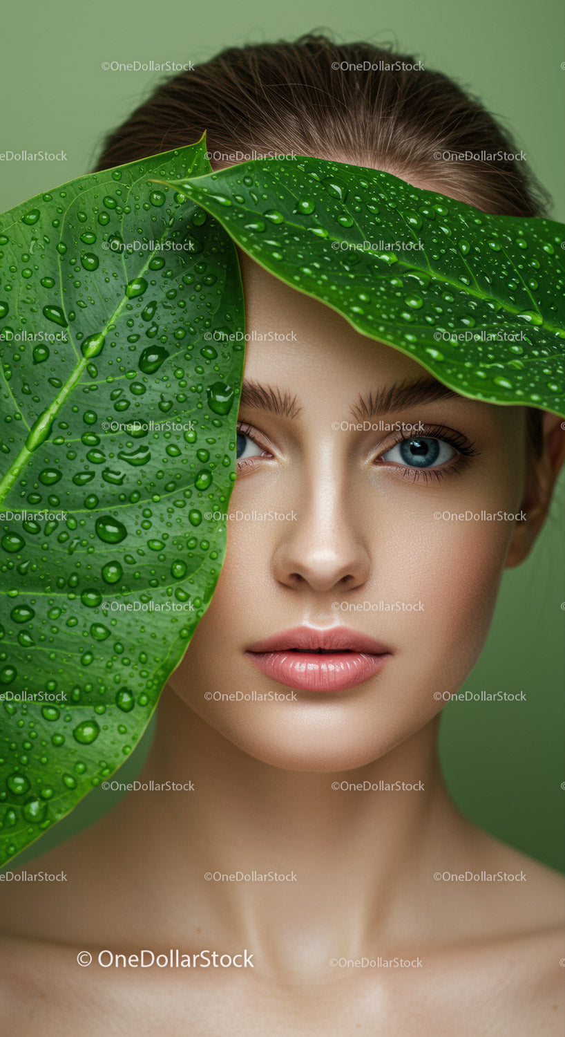 Close-Up of a Woman with Bright Blue Eyes and Green Leaves