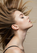 Side profile of young woman with flowing hair and closed eyes