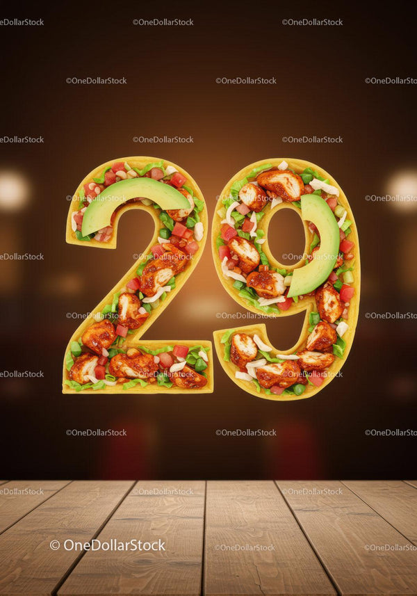 Number 29 made of fresh taco ingredients on wooden table