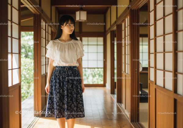 Young Woman in Traditional Japanese Clothing in Wooden Interior