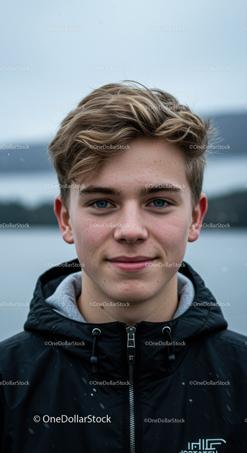 Youthful Teen Man Portrait Outdoors by Riverside with Clear Blue Eyes