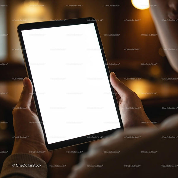 Person holding blank tablet in cozy dimly lit room JPG Mockup Image