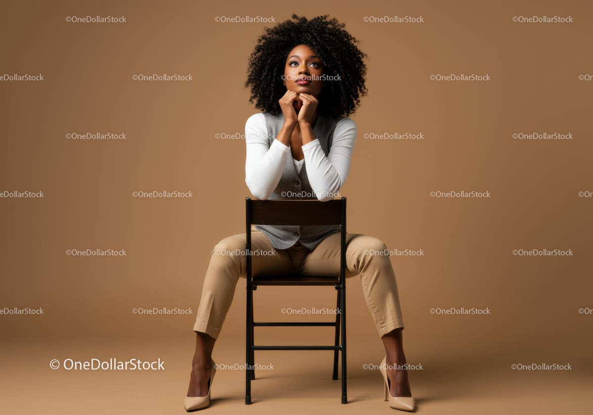 Stylish Confident Woman with Curly Hair in Beige Studio