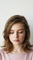 Serene Young Woman with Wavy Brown Hair and Soft Makeup