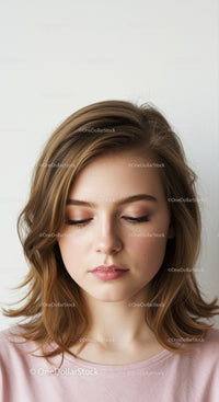 Serene Young Woman with Wavy Brown Hair and Soft Makeup
