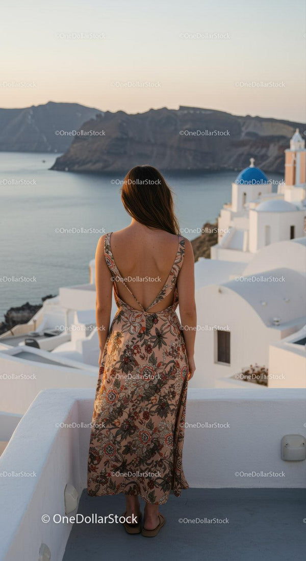 Woman in floral dress overlooking Santorini sea view