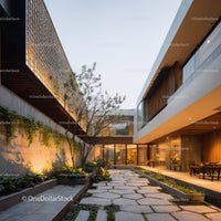 Contemporary Modern Architecture with Outdoor Garden and Stone Path