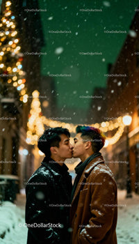 Winter kiss between two men under festive lights