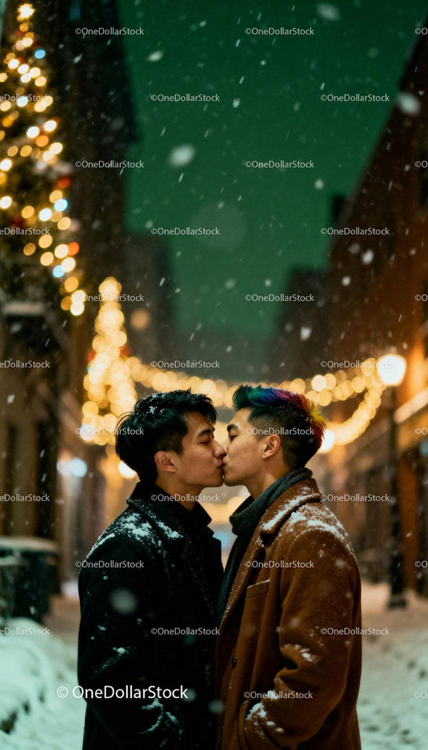 Winter kiss between two men under festive lights