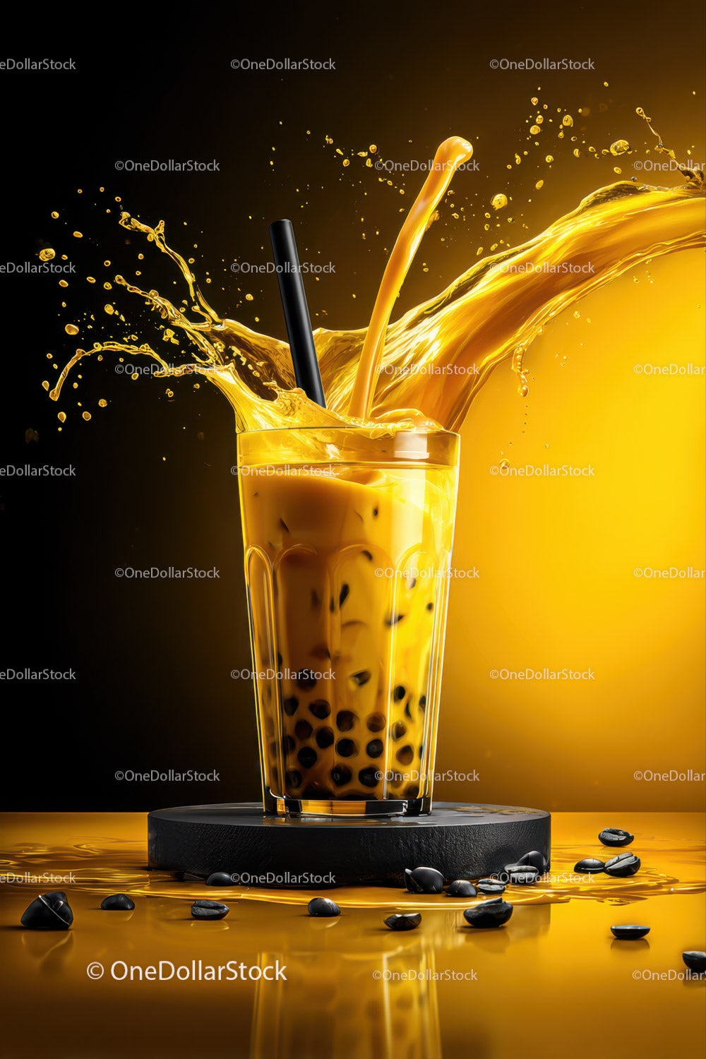 Fresh Bubble Tea with Tapioca Pearls and Splash Effect