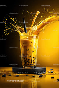 Fresh Bubble Tea with Tapioca Pearls and Splash Effect
