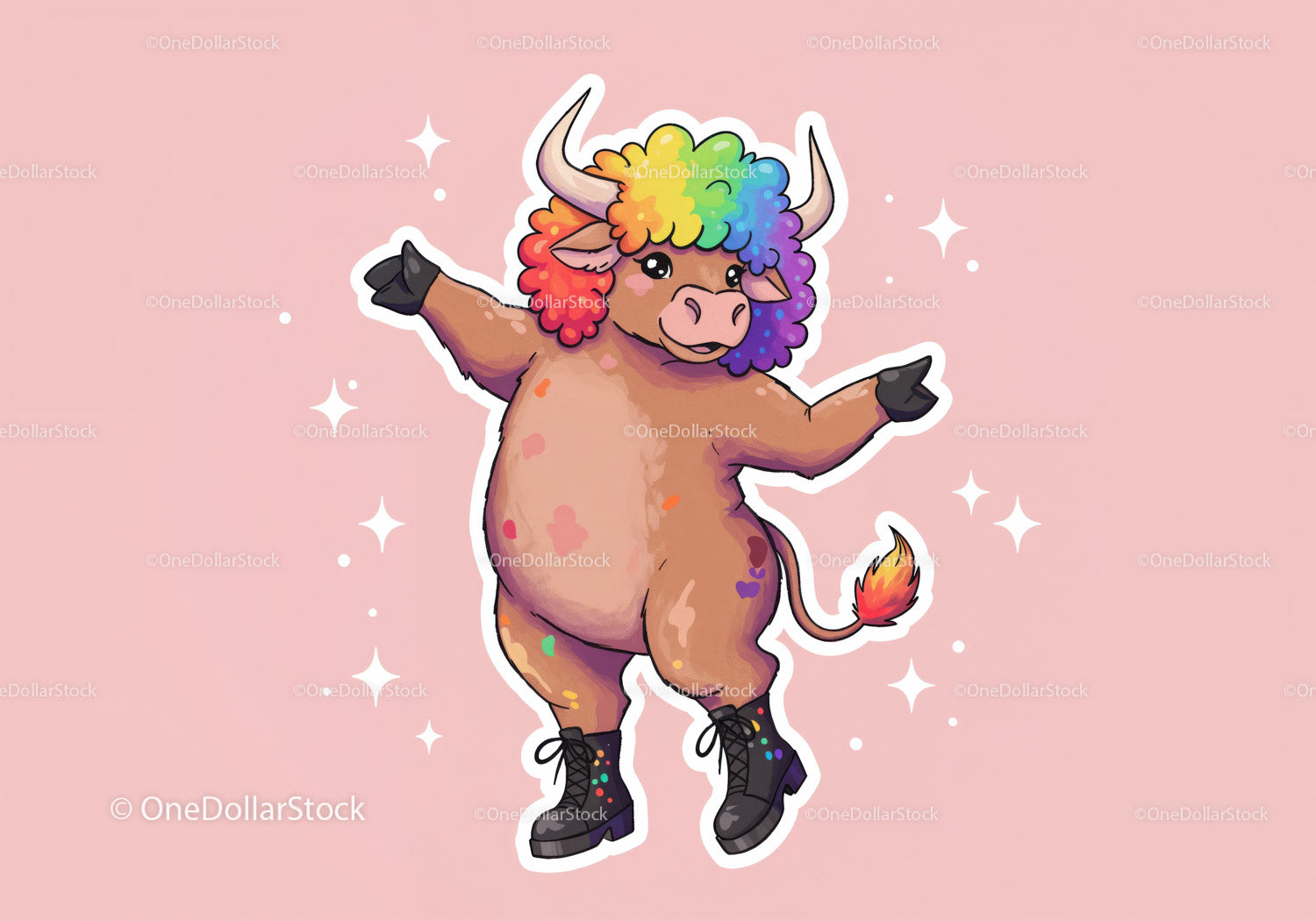 Colorful Cartoon Bull with Rainbow Hair in Funky Streetwear