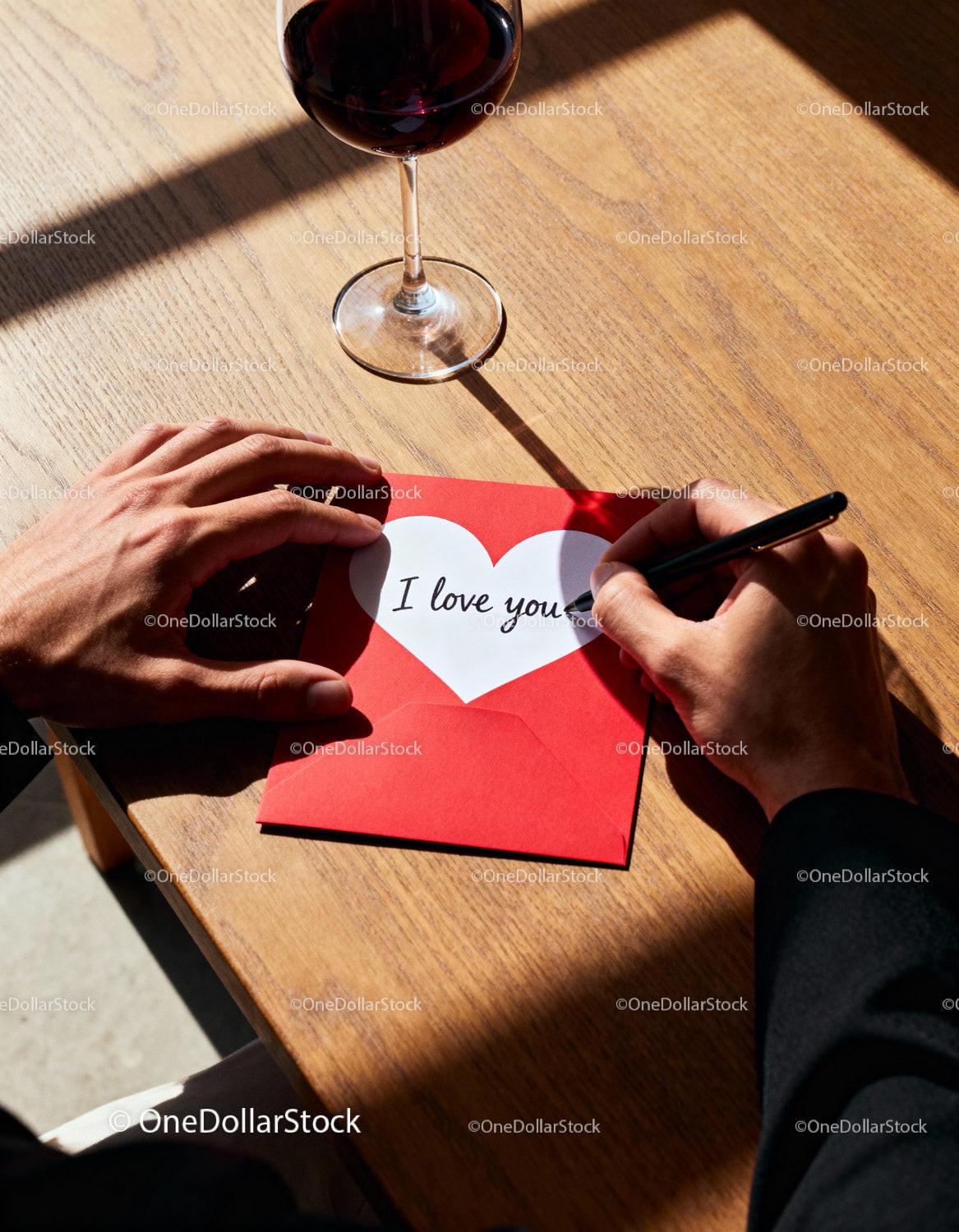 Man writing romantic love note on red card
