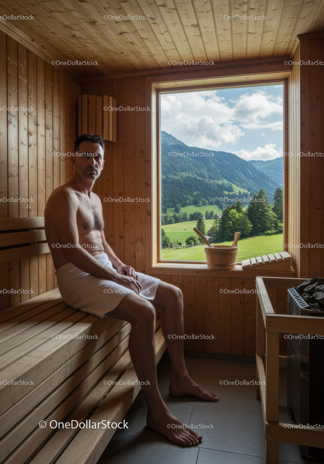 Man Relaxing in Wooden Sauna with Scenic Mountain View