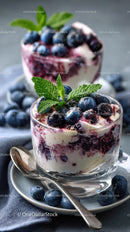 Blueberry Yogurt Parfait with Mint in a Glass Bowl