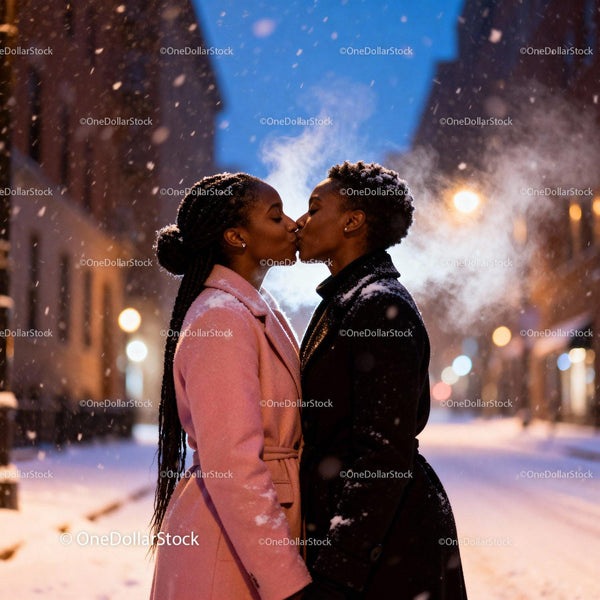 Couple Sharing Warm Kiss on Snowy Winter Evening